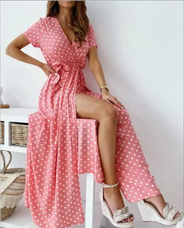 

Женское платье с запахом, розовое платье макси в горошек с высоким разрезом и поясом, сексуальное праздничное платье с v-образным вырезом, ле...