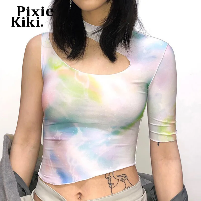 

Асимметричный кроп-топ PixieKiki с пастельным принтом, с вырезами, уличная одежда Y2k, сексуальные футболки с одним рукавом для женщин, 2022