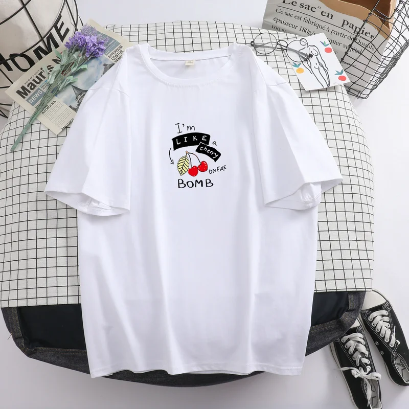 

2022 Summer New Women Cute Cherry Letter Print O-neck Cotton T-shirt Pullover Casual Loose Korean Short Sleeve Ladies Tees Tops
