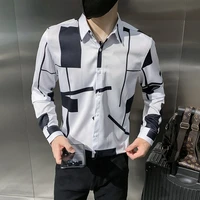 fashion mens shirts 2021 autumn long sleeve slim fit casual shirt geometric print streetwear social party blouse chemise homme