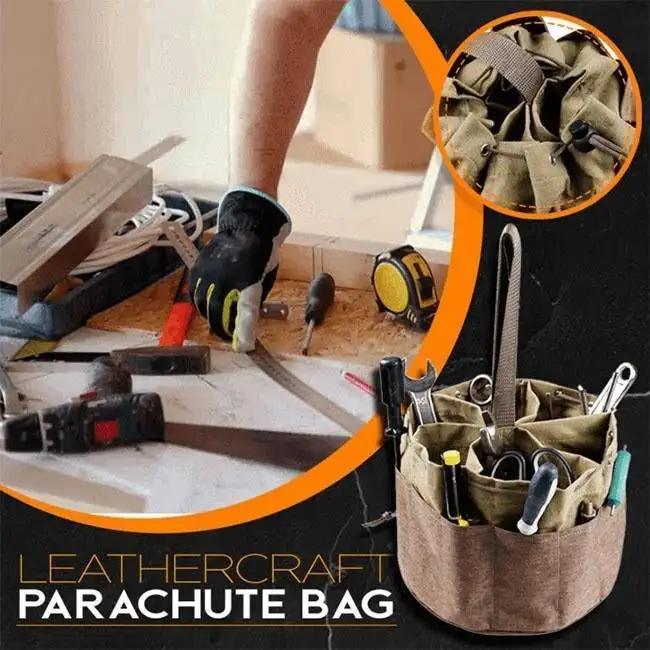 

Leather Craft Parachute Bag Multi-Pocket Gardening Tool Storage Bag Round Oxford Cloth Drawstring Handbag Shovels Screwdrivers
