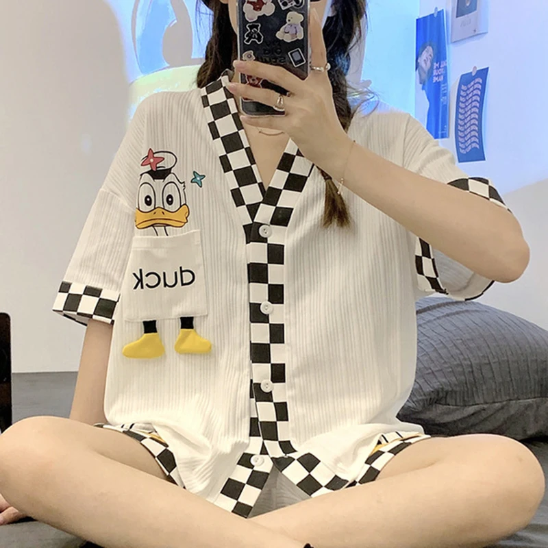 

2022 New Pajamas Women's Summer Casual Loose Pajamas Short Sleeve Shorts Homewear Cute Donald Duck Suit Pajamas Two Pieces