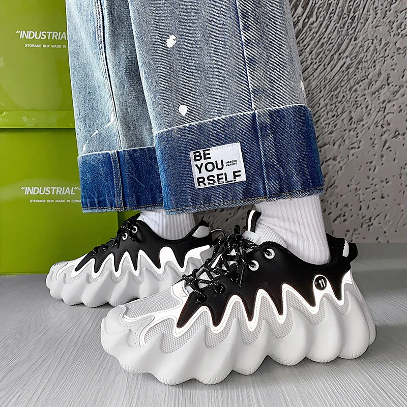 Trendy Men's Shoes Reflective Thick Bottom Platform Sneakers Breathable Stretch Mesh Men's Shoes Lightweight Running Footwear