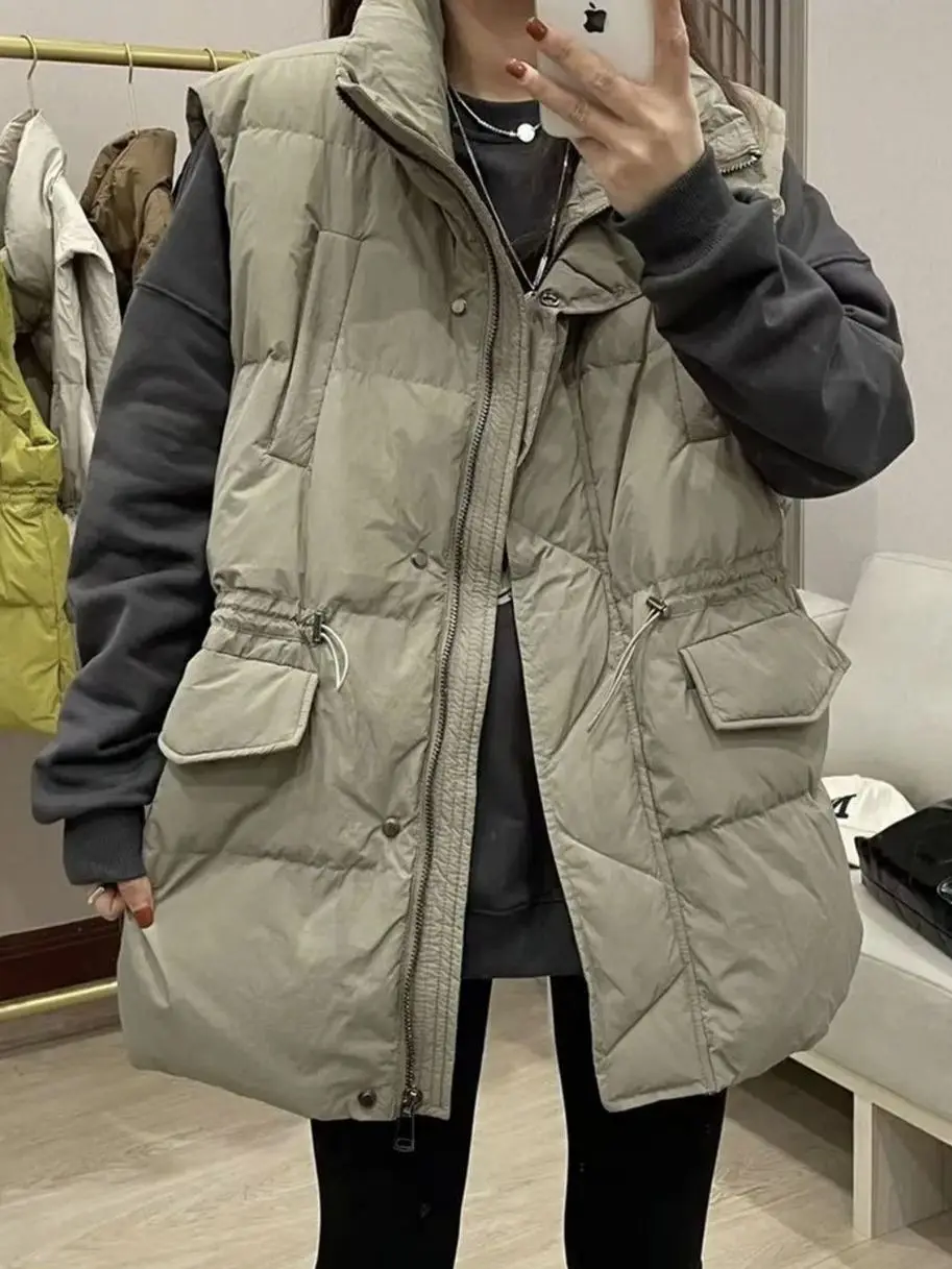 Женская Длинная зимняя куртка однотонный пуховик теплое пальто без рукавов