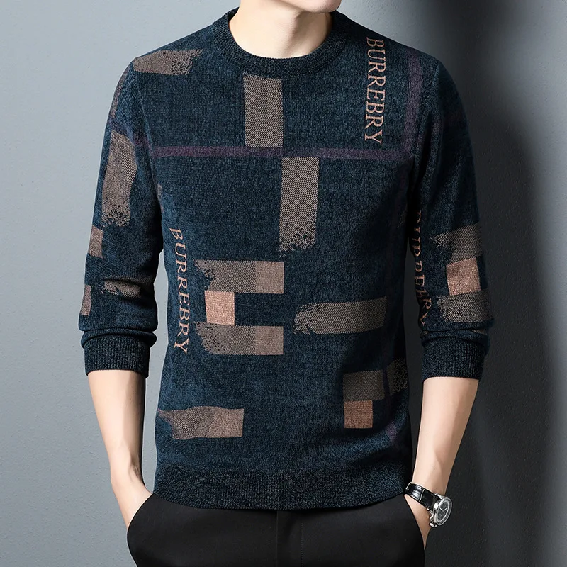 Autumn Winter New Men's Pullover Chenille Sweater with Thickened Round Neck and Warm Underlay, Fashion Versatile Knitted Sweater