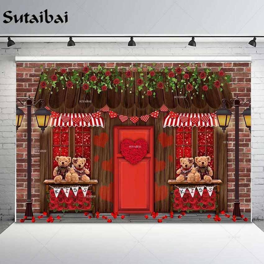 

Valentines Day Backdrops Photography Red Rose Shop Flower Kiss Love Bear Window Wooden Background February 14 Couple Anniversary