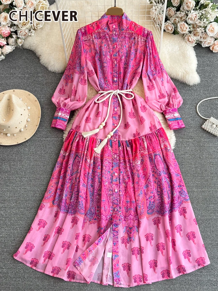 

CHICEVER хит, Цветные Цветочные платья для женщин, воротник-стойка, рукав-фонарик, однобортное, с высокой талией, со вставками, на шнуровке, платье для женщин