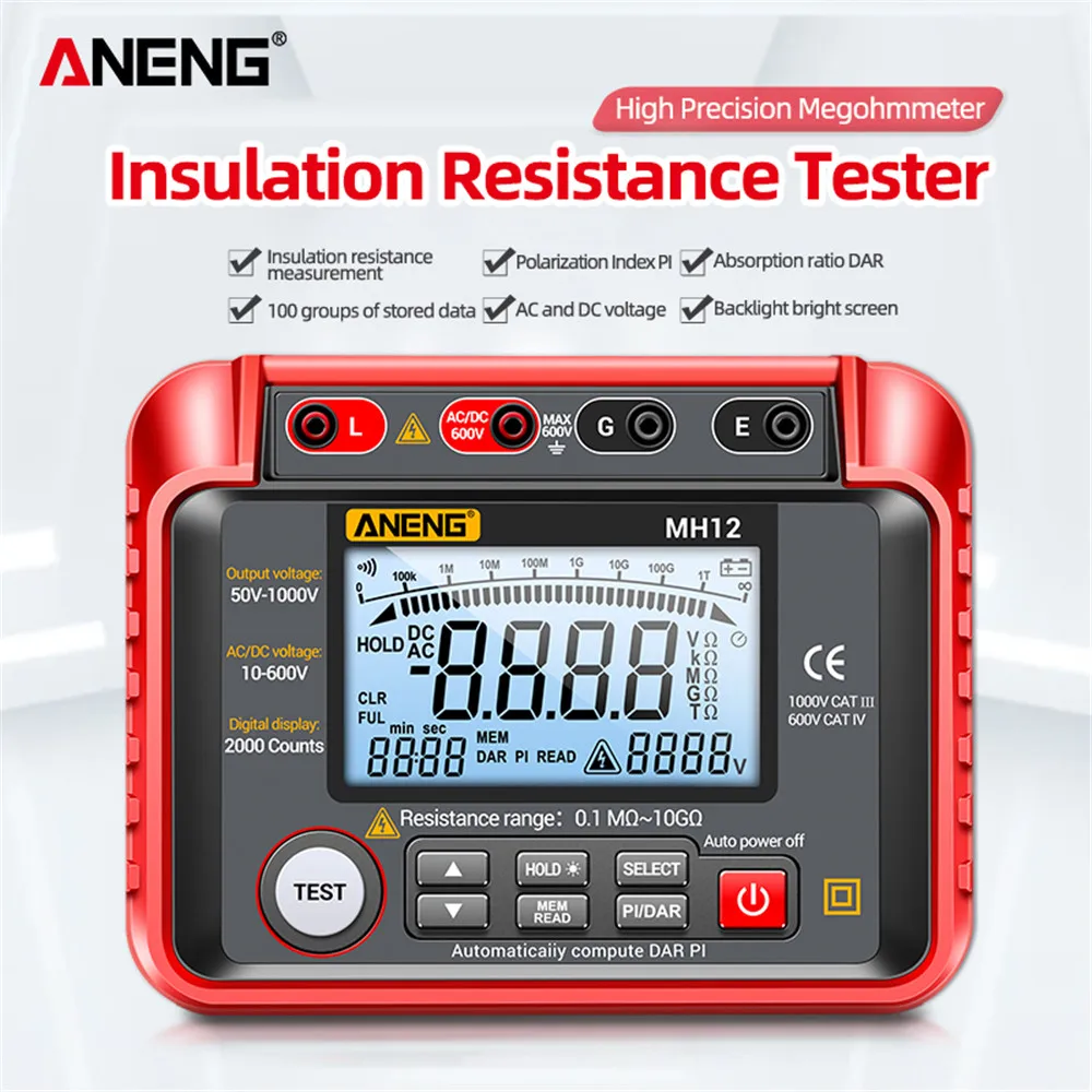 ANENG MH12 Insulation Earth Resistance Tester Digital Meter Ohm AC DC Voltage Tester LCD Megohmmeter Megger Voltmeter Tool