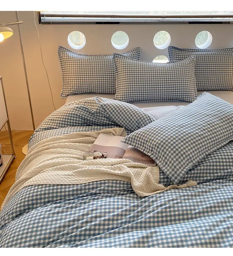 

Simple Small Grid Washed Cotton Bedding Set Bedsheet With 2Pillowcases Duvet Quilt Cover180x200 King Queen Dorm Home 4PCS