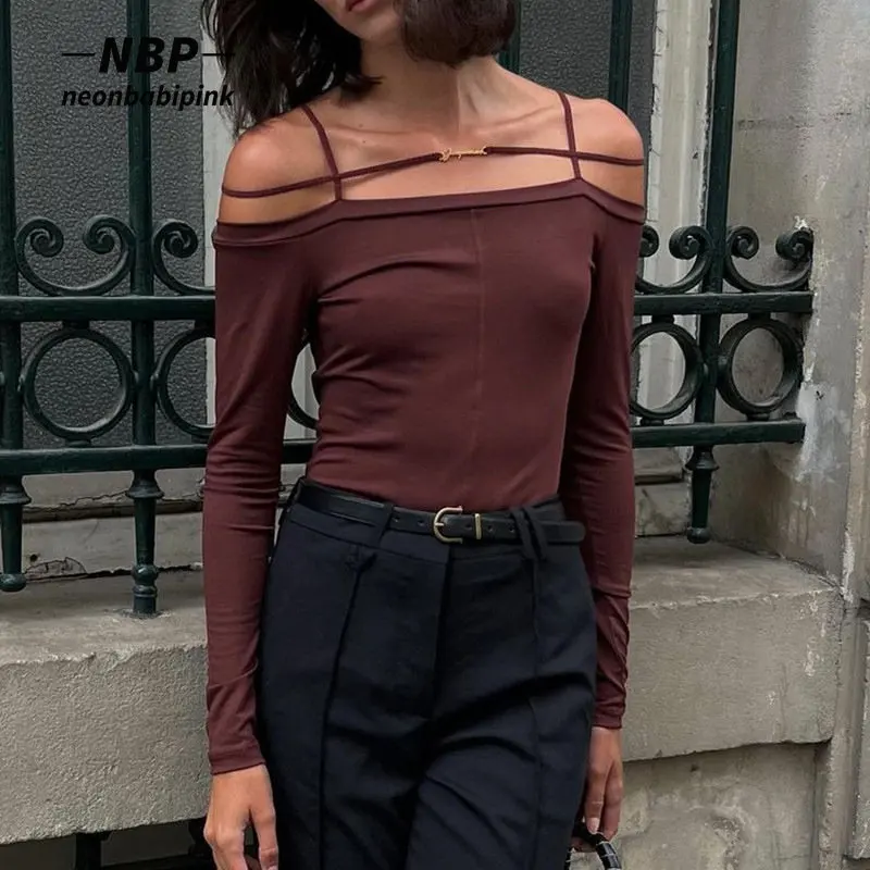 

NEONBABIPINK корейская мода с открытыми плечами с длинным рукавом кроп-топ Y2k уличная одежда женская одежда повседневные сексуальные футболки