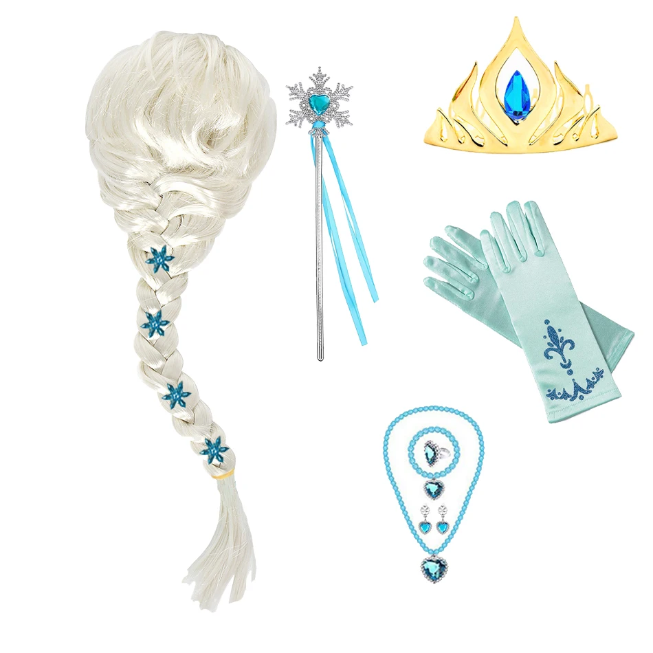 Elsa Princess Accessories Gloves Wand Crown Jewelry Set Elsa Wig Necklace Braid for Princess Dress Clothing Cosplay Dress UP images - 6