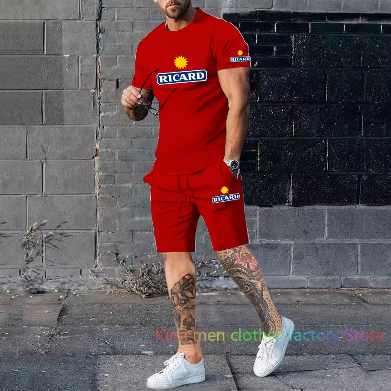 Cotton 2 pieces set Men Short Sleeve T-shirt Shorts Tracksuit Jogging suit France Ricard Summer tshirt set men Short Outfits set