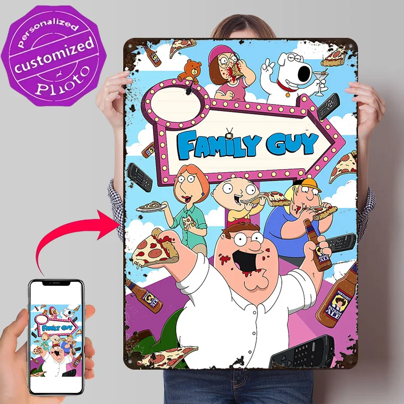 Фото Металлическая винтажная табличка с 3D-текстурой и принтом Family Guy Pizza and Beer для декора стен, комнаты, мужской комнаты (Man Cave) №1