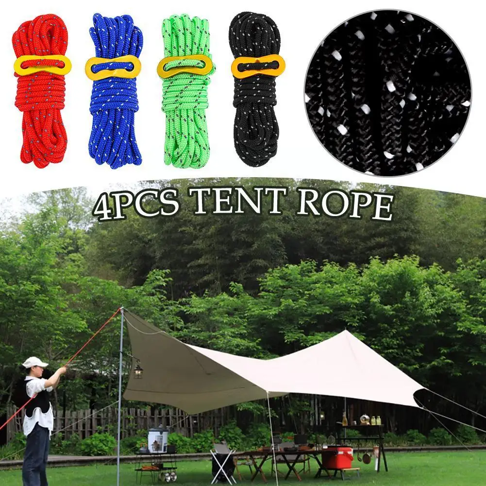 

4pcs Tent Rope With Buckle Multifunction Durable Cord Tent Pure Reflective Drawstring Color Outdoor Lanyard Rope Camping N5Y0