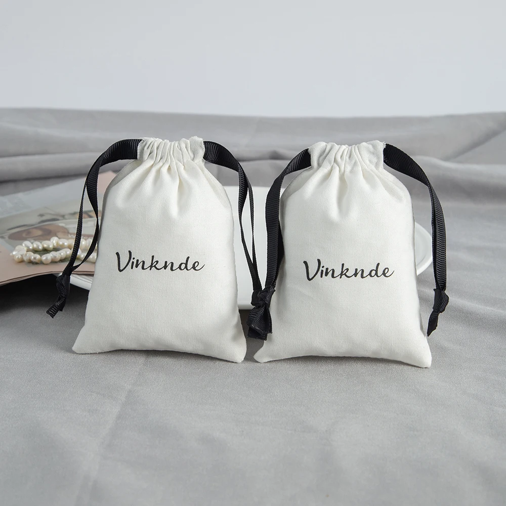 New White Canvas Bags with Black Drawstring Custom Logo Printing Gift Cotton Pouch Ring Earrings Jewelry Packaging Organizer Bag