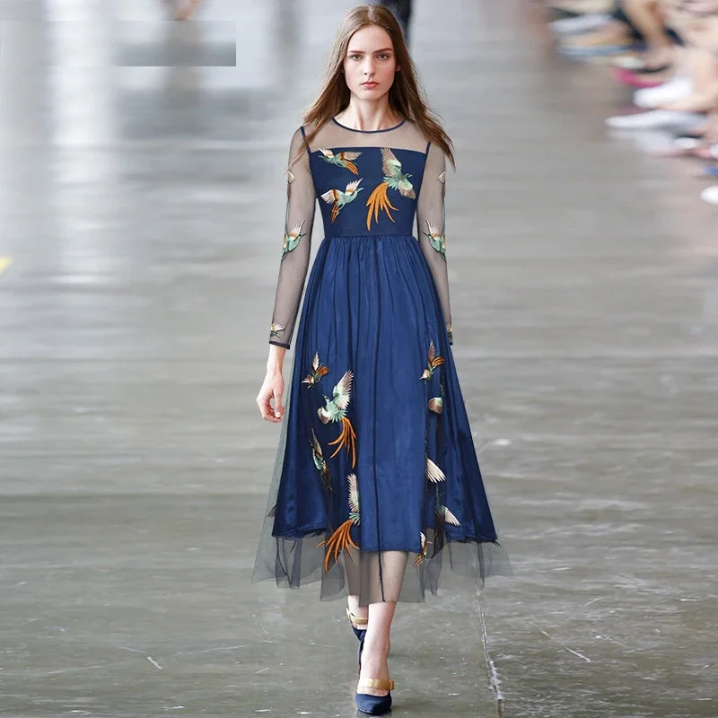 

Женское винтажное Сетчатое платье, дизайнерское весеннее платье с длинным рукавом и вышивкой в виде маленьких птиц, новинка