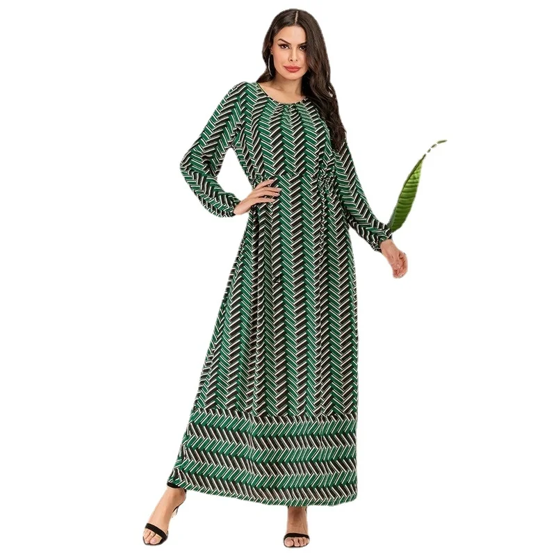 

Fashion Slim round neck long Sleeve Maxi dresses Elegant Fresh Green Empire geometric Patchwork A Line Long Dress 2020