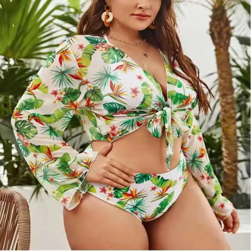 big size Women Bikini 3 Piece Mesh Cover Up Knotted Beachwear Swimsuits Female Gathered Push Up Sexy Bathing Suit Beach Wear