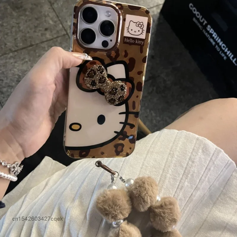 Sanrio Hello Kitty 3D Bow Rhinestone Роскошный чехол для телефона с леопардовым принтом IPhone 16 15 14