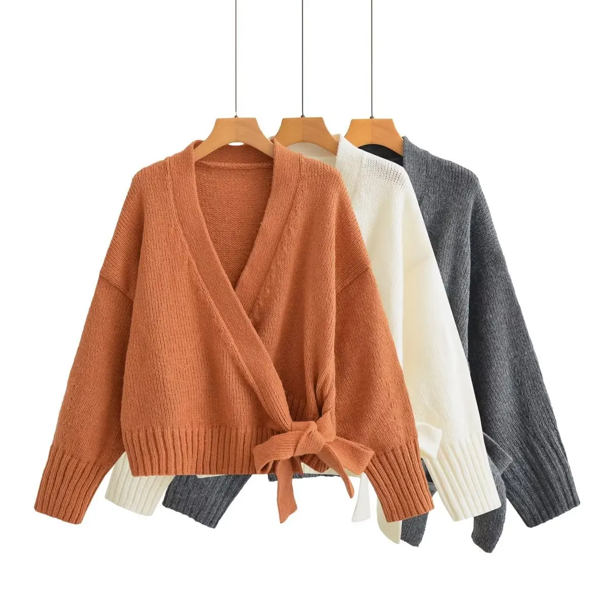

2022 autumn new European and American cross-border women's urban casual V-neck knotted cardigan jacket
