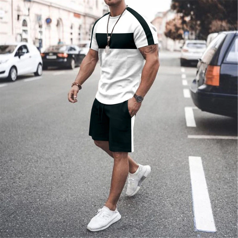 New Fashion Men's T-shirt Set Solid Color Panel Pattern 3D Printed Short Sleeve T-shirt Shorts Plus Size Casual Summer Set