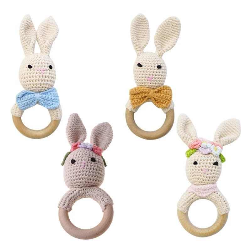 

Happyy baby Baby Wooden Teether Ring DIY Crochet Bunny Rattle Soother Bracelet Infant Teething Molar Play Toys