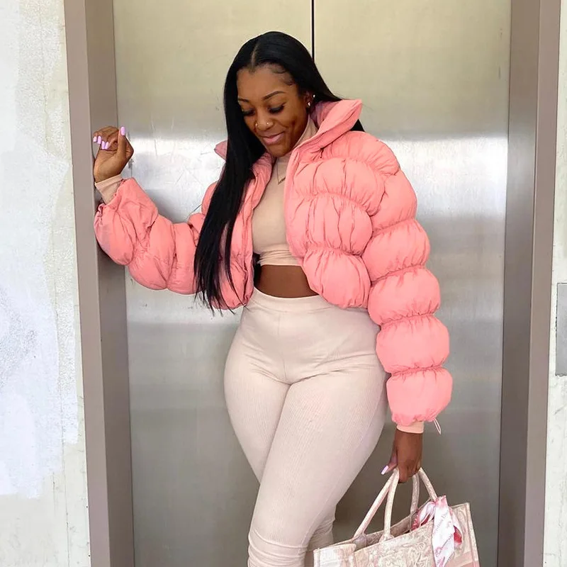 WeiYao Parkas Winter Jacket for Women Long Doughnut Sleeves Stand Collar Zipper Coat Women Winter Oversize Jackets Puffcoat Pink