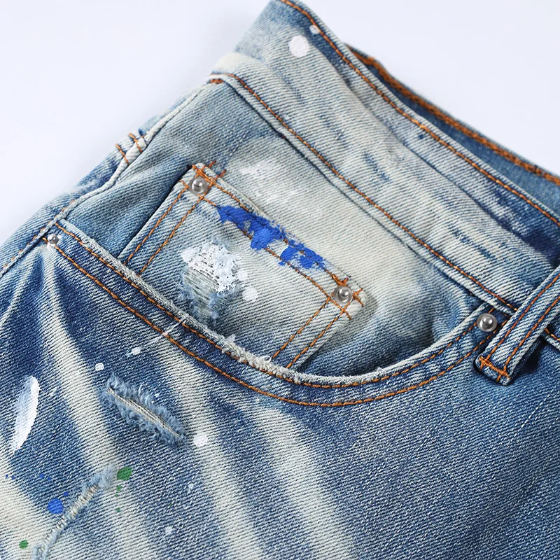 High Street New Design Men's Jeans Fashion Blue Pleated patch Ripped Jeans Casual Fashion Slim Small Feet Patchwork Denim Pants