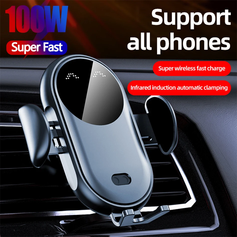 

Automatic Clamping 100W Fast Car Wireless Charger for Samsung S20 S10 iPhone 11 Pro XS XR X 8 Infrared Sensor Phone Holder Mount