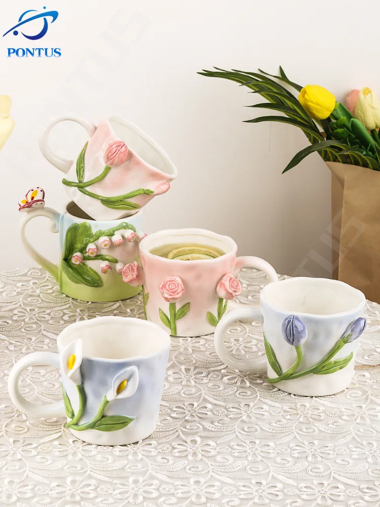 

350ml TulipHandgrip Mugs 3D Flower Ceramic Coffee Cup Hand-painted Mug with Spoon for Breakfast Afternoon Tea Home Mug Drinkware