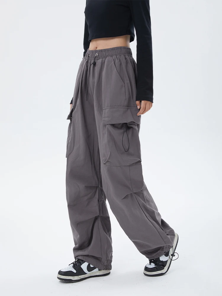 

2022 Casual Baggy Wide Leg Drawstring Low Waist Streetwear Grey Cargo Pants Pockets Womens Hippie Joggers Trousers Sweatpants