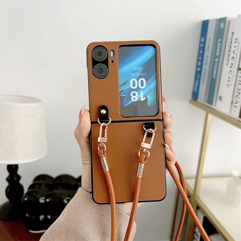 

Crossbody Lanyard Necklace Simple Phone Case for OPPO Find N2 Flip 5G CPH243 FindN2Flip Protection Leather Cover with Strap