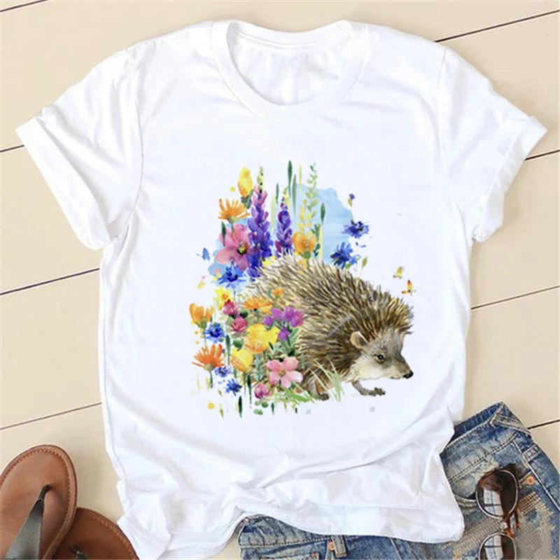 

Топ с рисунком ежика Женская модная футболка с акварельным принтом Летняя женская футболка с коротким рукавом для отдыха T-s