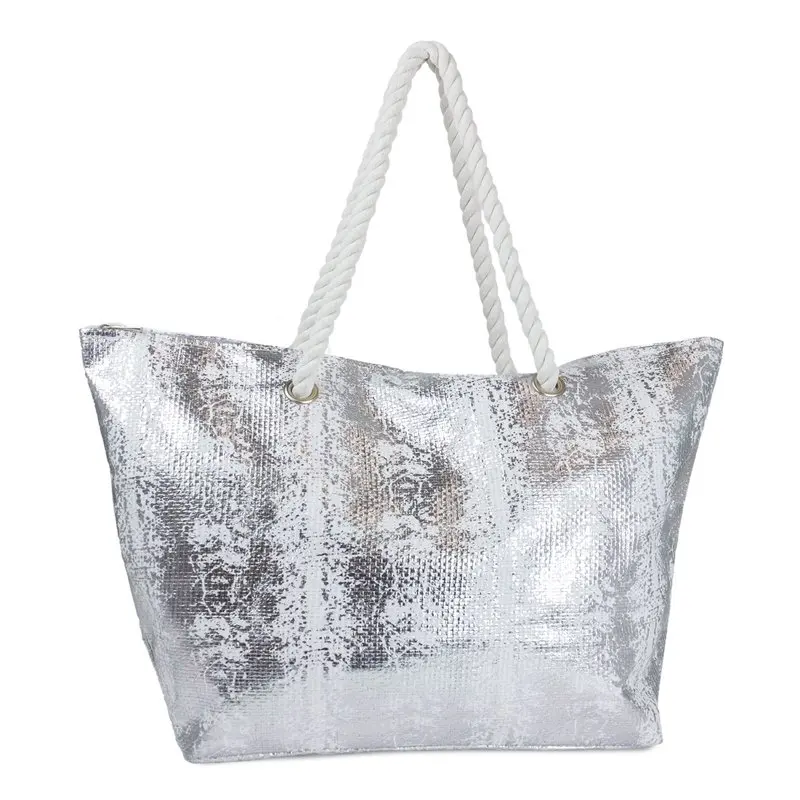 

Fashionable Women's Metallic Silver Snake Print Straw Rope Tote Beach Bag - Perfect Summer Accessory!