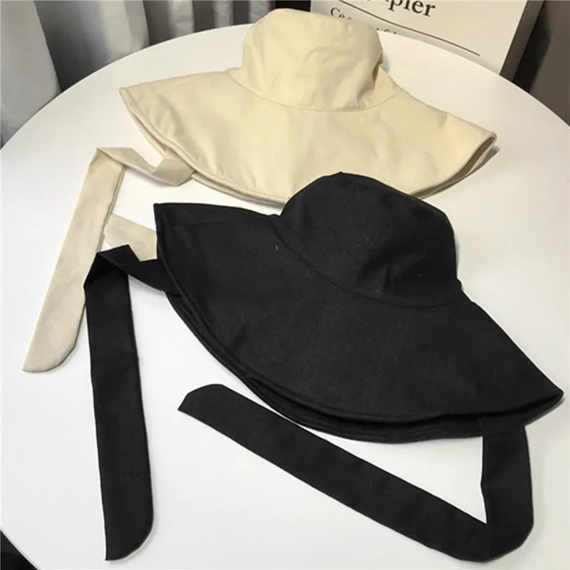 

Summer Spring Japan Tie Bucket Hat Women Korean Big Brim Fisherman Hat Foldable Sunscreen Chic Cotton Linen Beach Sun Hat