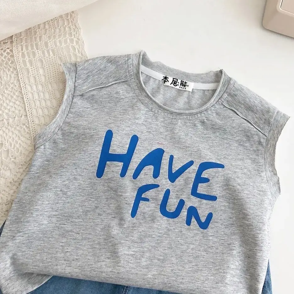 Children's Suit 2022 Summer New Gray, Letter Printed Sleeveless Boys and Girls Baby Denim Shorts Fashion Two-Piece Suit