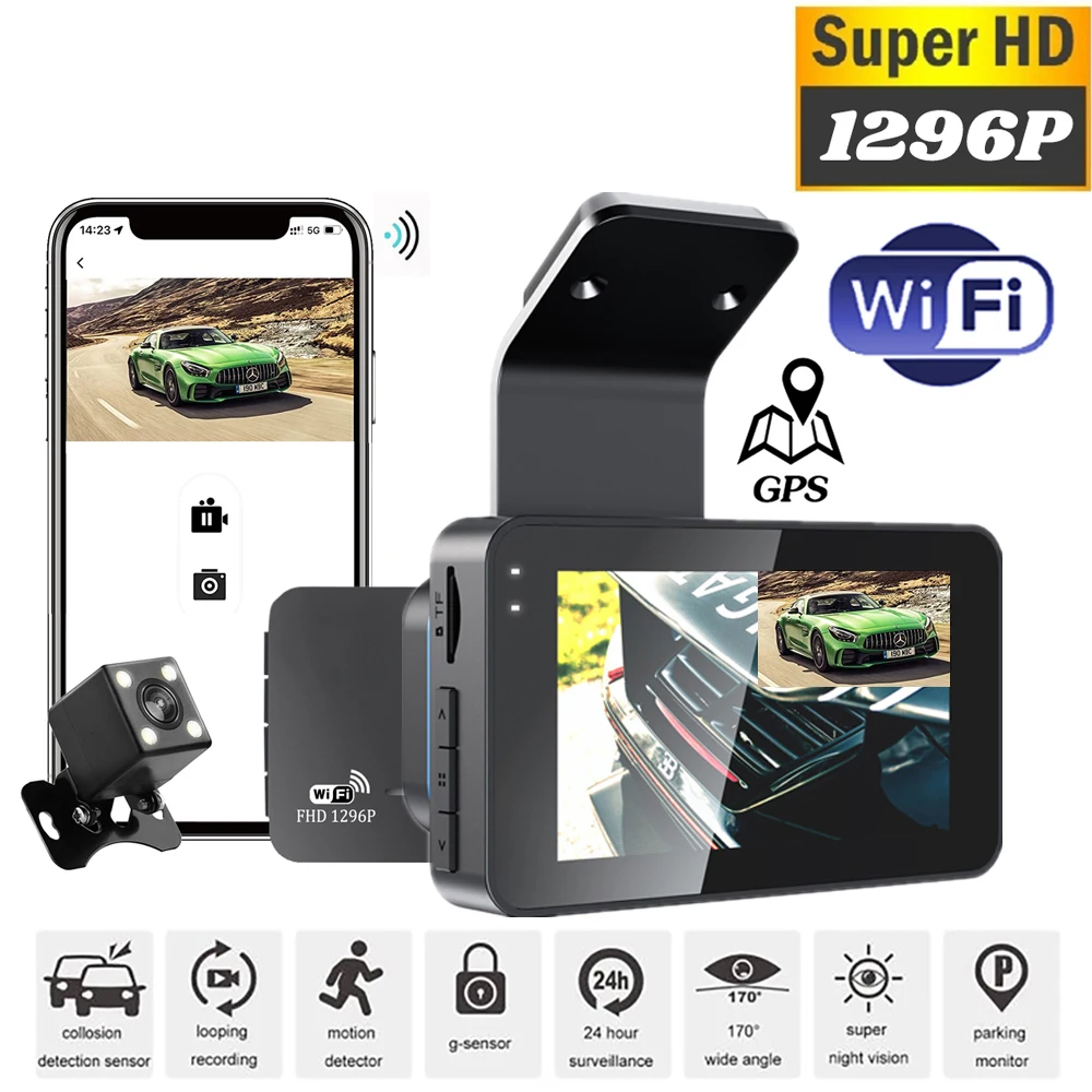 

WiFi GPS Dash Cam HD 1296P Drive Video Recorder DashCam Car DVR Front And Rear View Camera Night Vision Registrator Black Box