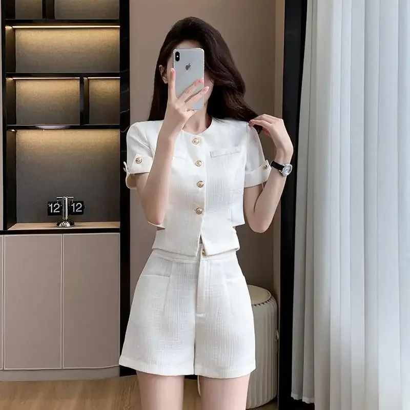 Элегантный твидовый костюм женский топ с короткими рукавами шорты комплект из 2