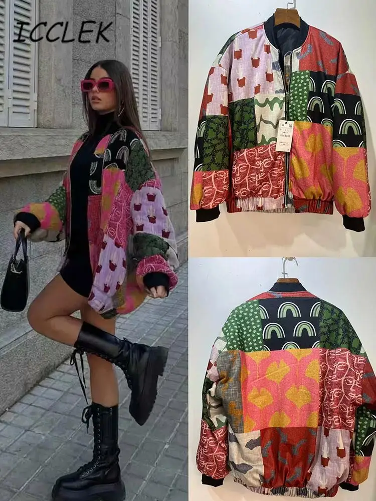 

Traf 2023 Winter Padded Jacket Retro Floral Print Parka For Women Oversized Thick Cotton Coat Female Warm Quilted Coats Parkas