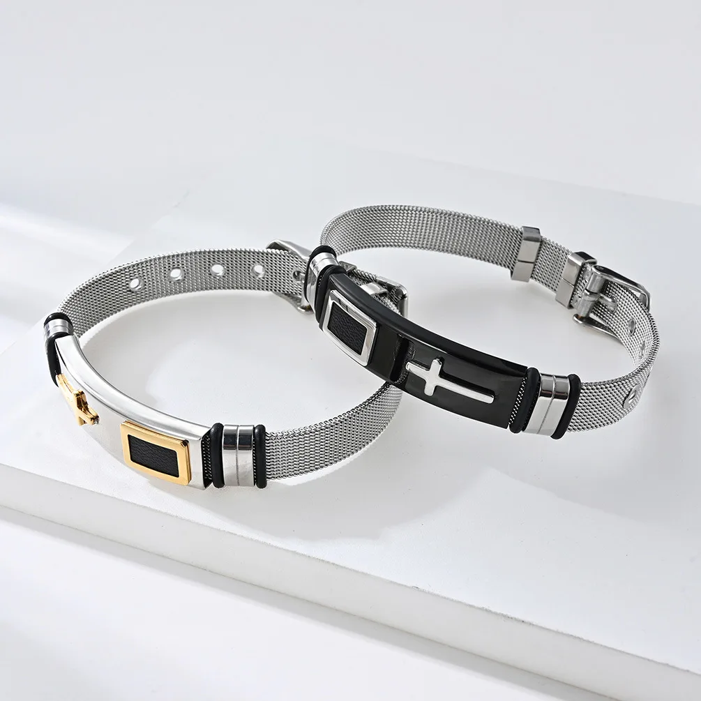 10мм Крестовая Молитва Сетчатый Браслет из Нержавеющей Стали Ремешок для Часов Цепь Браслета на Руку Длина Регулируемая.