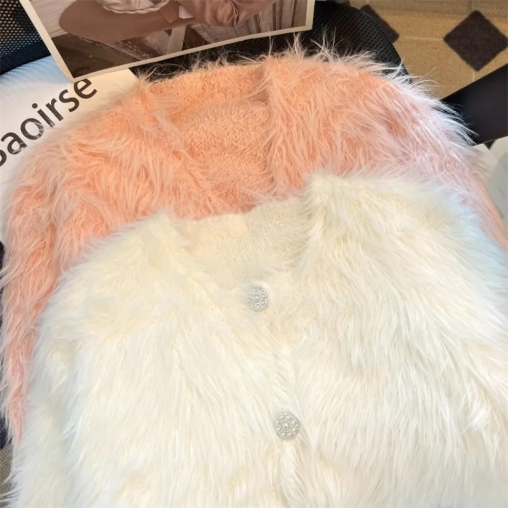 Женский теплый кардиган с v-образным вырезом и длинными рукавами однобортный