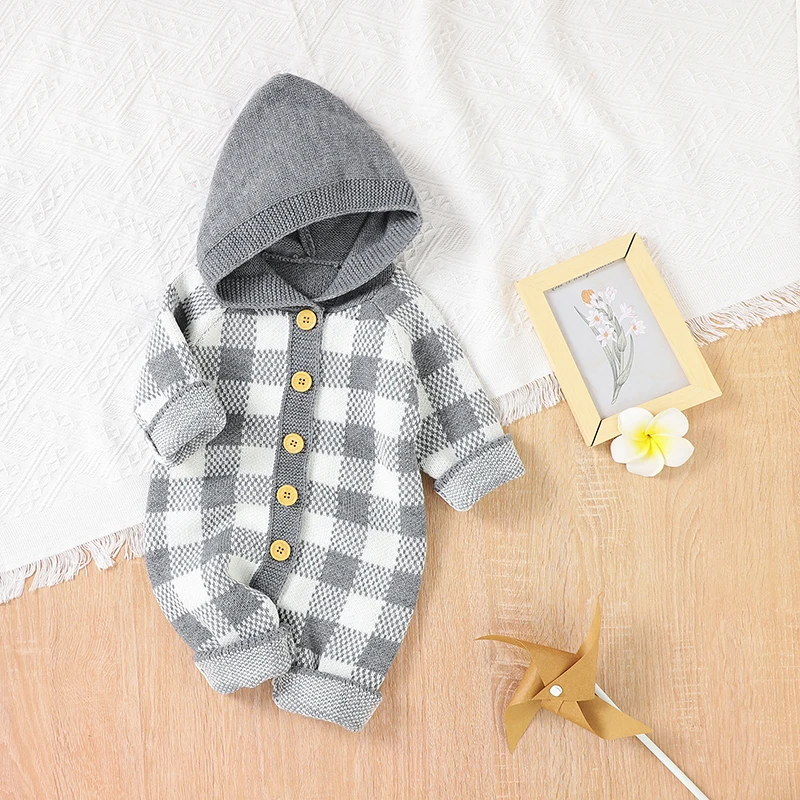 Pagliaccetto neonato maglia neonato ragazza ragazzo tuta Outfit moda Plaid con cappuccio bambino abbigliamento per bambini manica lunga autunno tutina