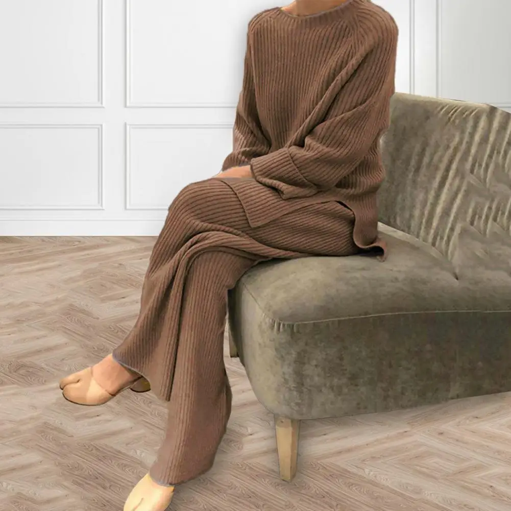 

Casual Two-piece Lady Outfit Cozy Knitted Sweater Pants Set Stylish Stretchy Warm Women's Homewear for Winter Fall Women Split