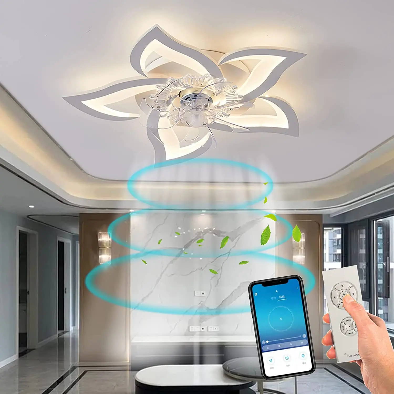 LED ceiling fan with lights, creativity 5 flame-, quiet dimmable fan light ceiling lamp with remote control and app