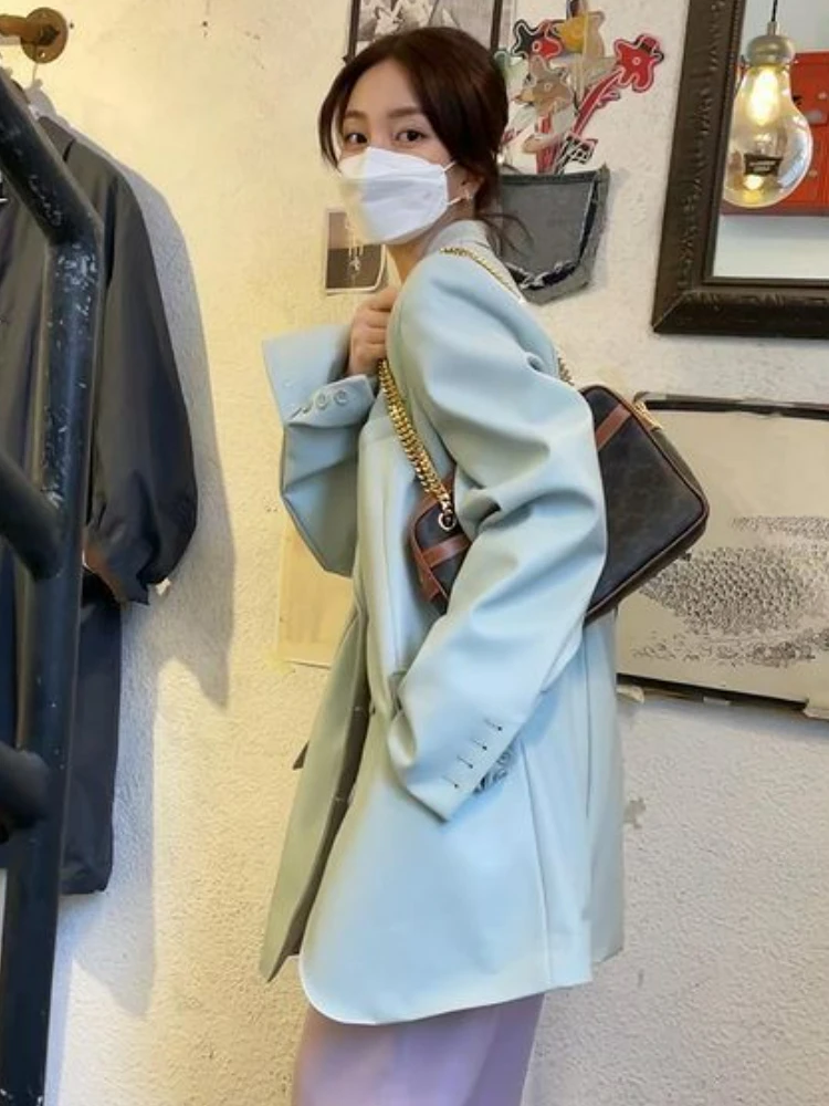 Autumn Korean Leather Jacket Women 2022 Winter Thin Notched Casual Biker Moto Leather Coat Female Streetwear Button PU Chic Tops