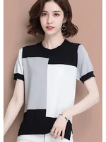 women contrast color top korean fashion clothes short sleeve tshirt ladies knitted tees 2022 summer thin t shirt femme t shirt