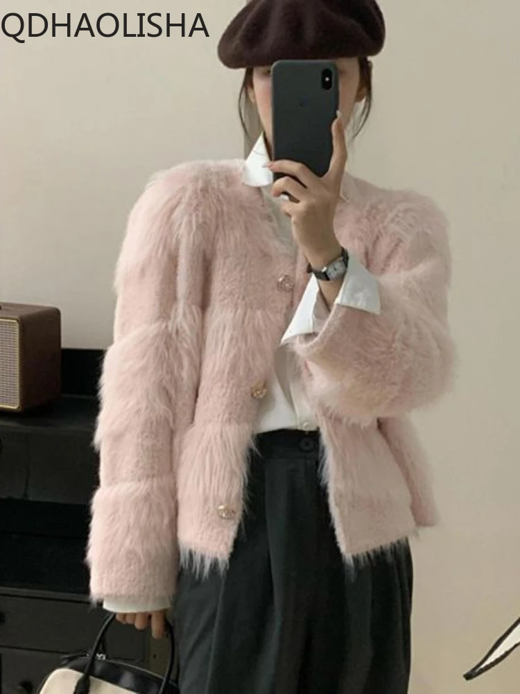 

Женский кардиган в ленивом стиле, повседневный Свободный кардиган из искусственной норки и флиса, розовый кардиган, модный элегантный свитер, осень 2023