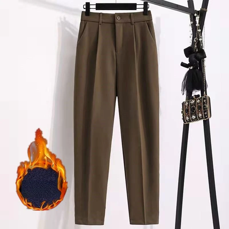 

Chic New Suit Pant Women Autumn Korean Fashion Straight High Waist Bottoms Thick Office Lady Casual Solid Long Tweed Trousers L8