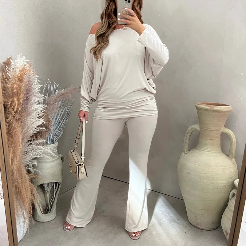 

Женский осенний комплект из 2 предметов, однотонный топ с открытыми плечами и рукавами летучая мышь, брюки с микро-рисунком, 2023