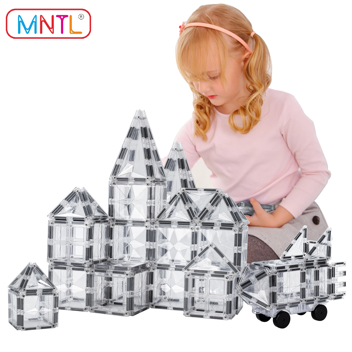 

MNTL 108Pcs Magnetic Transparent Tiles Toys Building Blocks STEM Educational Science Learning Magnet Stacking Bricks Car Vehicle